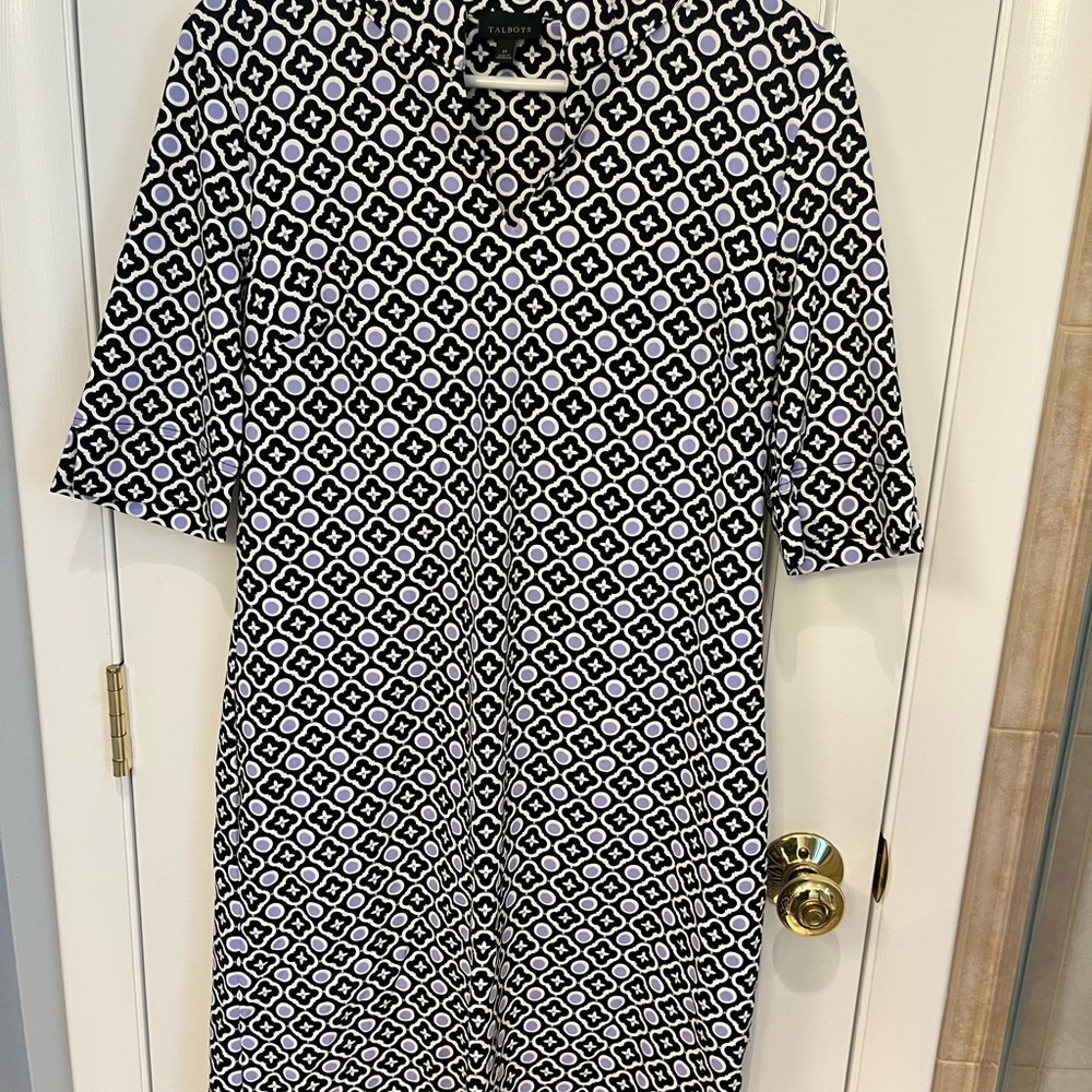 Talbots White and Blue Notched Collar Midi Dress